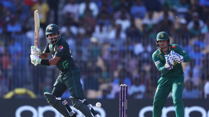 PAC vs SA Babar Azam of Pakistan plays a shot as Quinton de Kock of South Africa keeps during the ICC Men