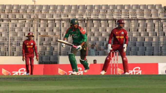 BAN vs WI Bangladeshi batter Rishad Hossain bats against West Indies during the second match of the ODI series at Sher E Bangla Stadium in Dhaka, Bangladesh, on October 21, 2025
