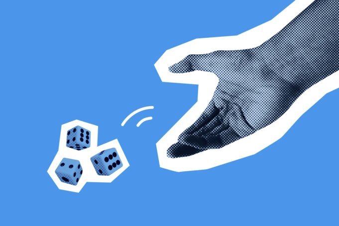 Digital collage of hand rolling the dice, throwing it down