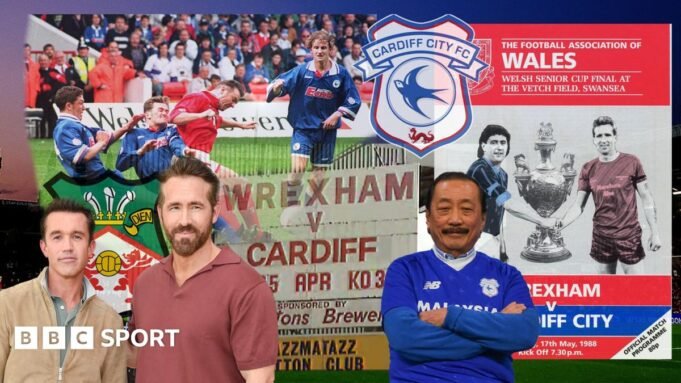 Composite image includes action from 1995 Welsh Cup final, cover of 1988 Welsh Cup final programme, Wrexham owners Rob McElhenney and Ryan Reynolds and Cardiff City owner Vincent Tan