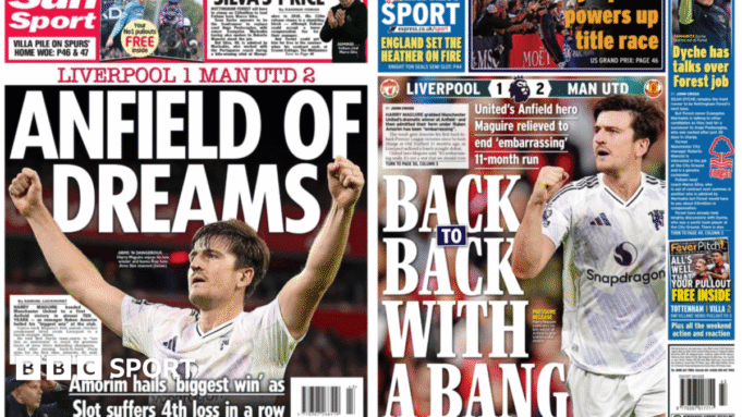 “曼聯的比賽計劃非常 The Sun and Daily Express back pages saying