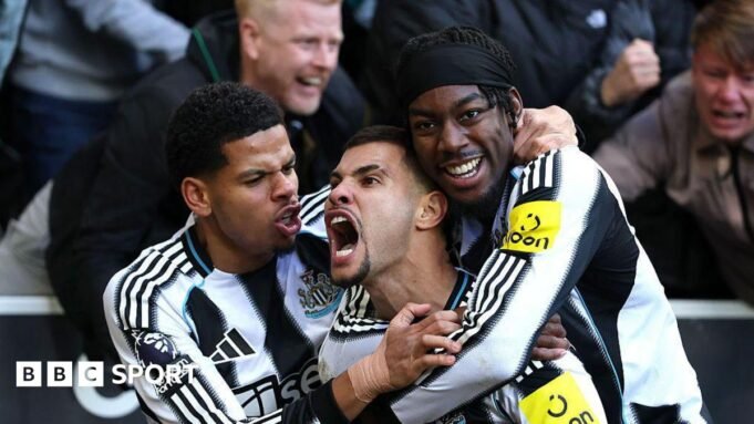 Bruno Guimaraes celebrates with William Osula and Anthony Elanga after scoring for Newcastle