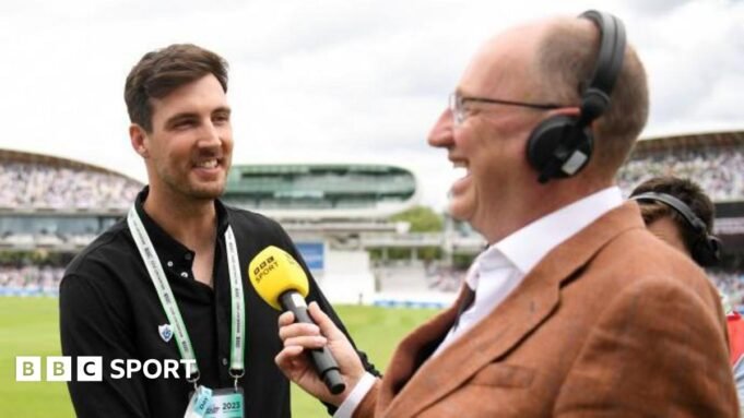 BBC Test Match Special commentator Steven Finn speaks to Jonathan Agnew during Day Three of the second Ashes Test at Lord