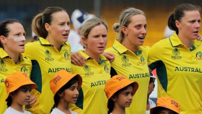 Australia players singing the national anthem in the 2025 World Cup