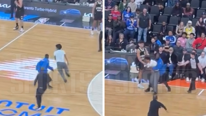 在快船隊對陣快船隊的比賽中球迷沖向法庭掘金隊比賽，為溜冰鞋提供安全保障
| mtgamer.com